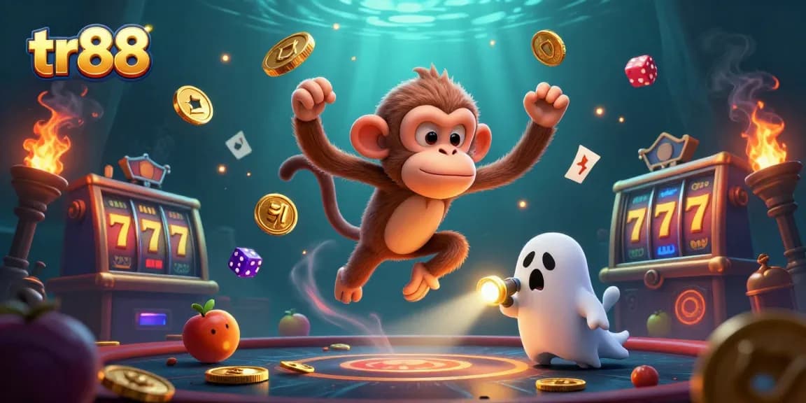 Engage with tr88 slots as the poltergeist monkey juggles coins and cards in a haunted casino.