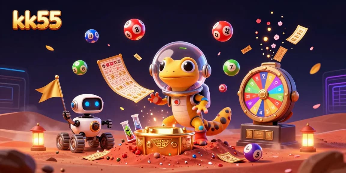 Engage with kk55 casino games in a Martian adventure among colorful lottery elements and vibrant visuals.