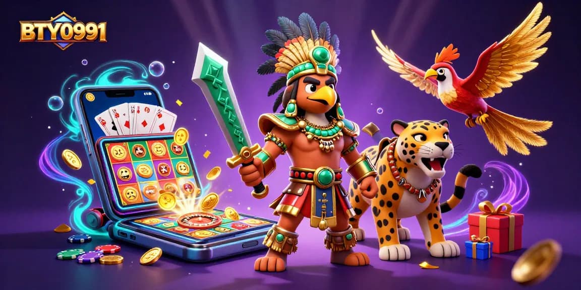 Experience BTY0991 with vibrant 3D casino action featuring Aztec warriors and exciting gaming elements.