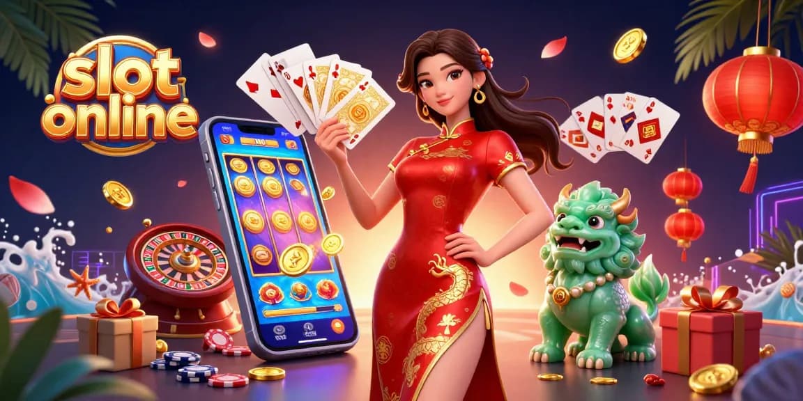 Experience the thrill of slot online gaming with our vibrant 3D illustration featuring spinning reels and golden cards.