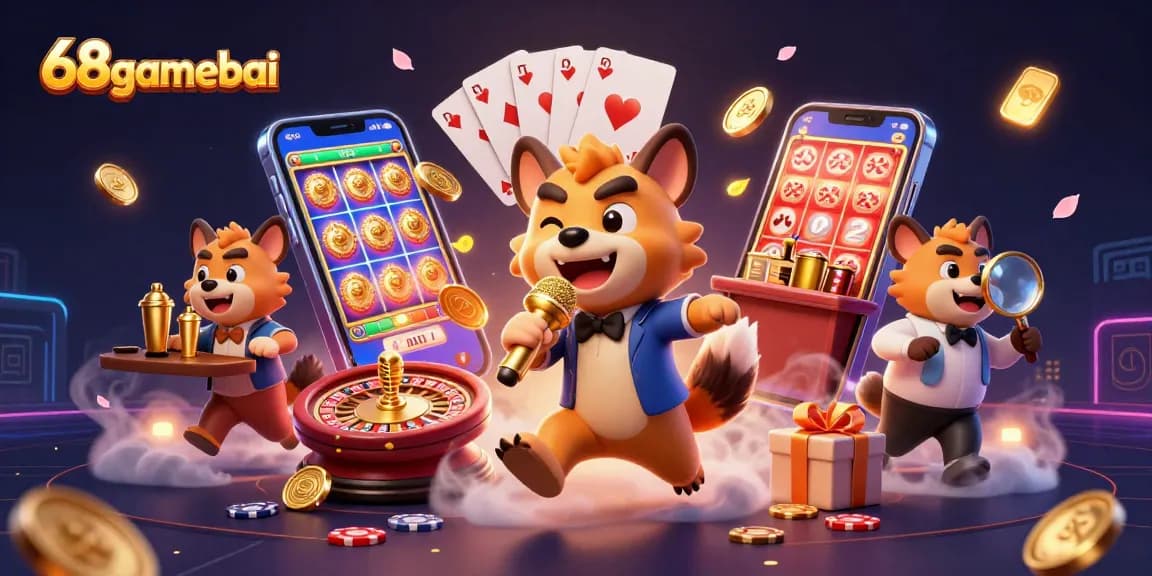 Experience the vibrant energy of 68gamebai with hyenas entertaining at a comedy casino club.