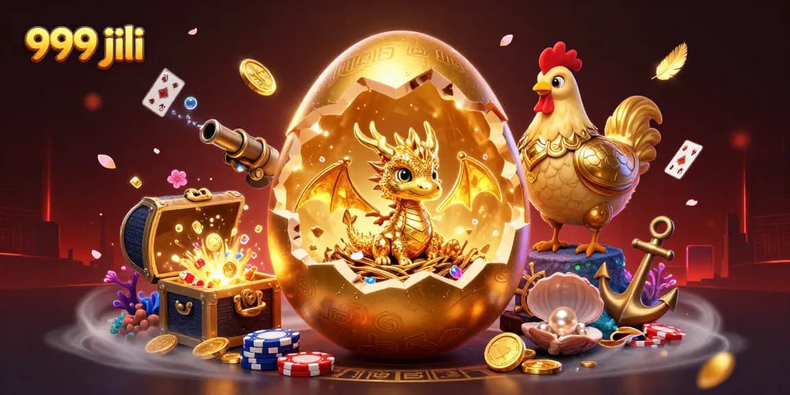 Play thrilling games at 999 jili with a spectacular golden dragon and poker chips backdrop.
