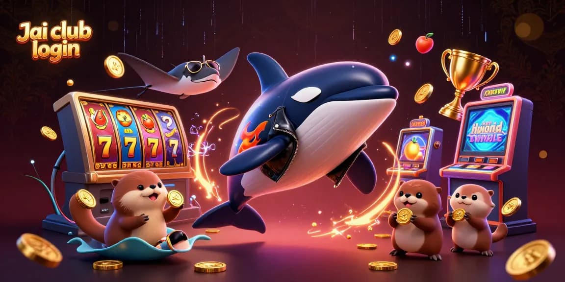 Engage in the thrilling Jai club login scene featuring a vibrant 3D orca, stingray, and otters amongst rich casino elements.