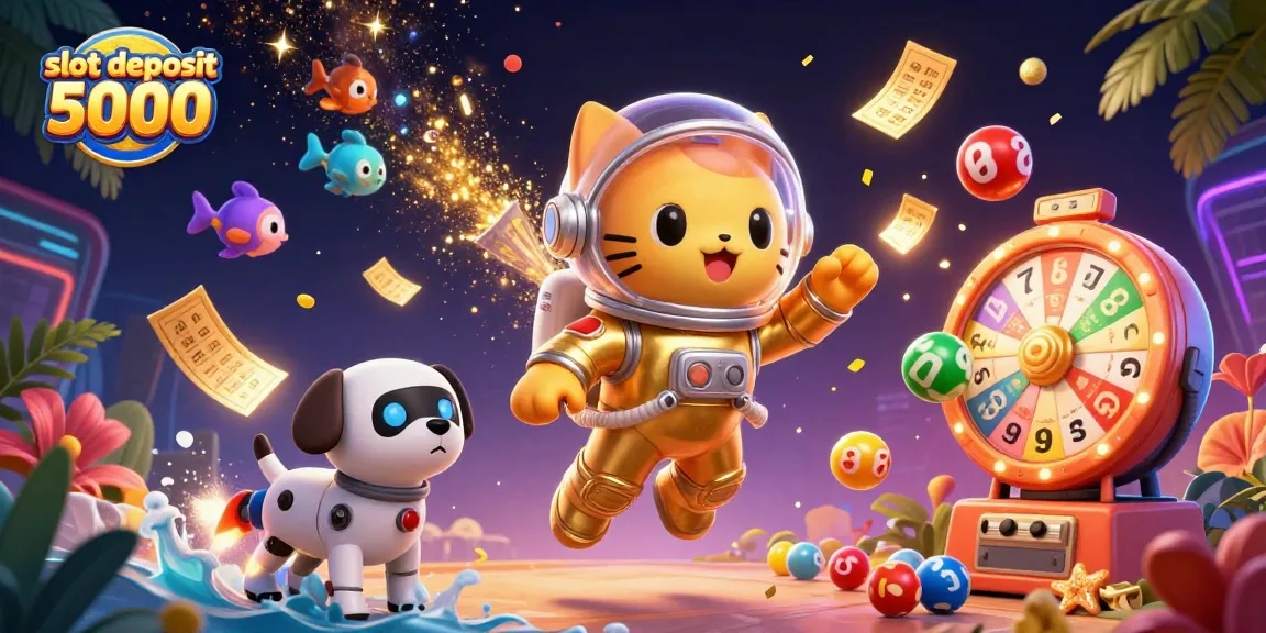 Engage with slot deposit 5000 excitement in a vibrant casino scene featuring dynamic cartoon characters and game elements.