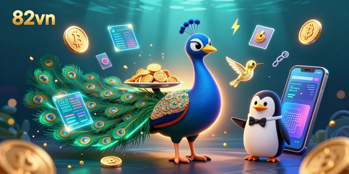Play exciting games on 82vn, featuring a vibrant illustration of a casino scene with unique characters and golden chips.