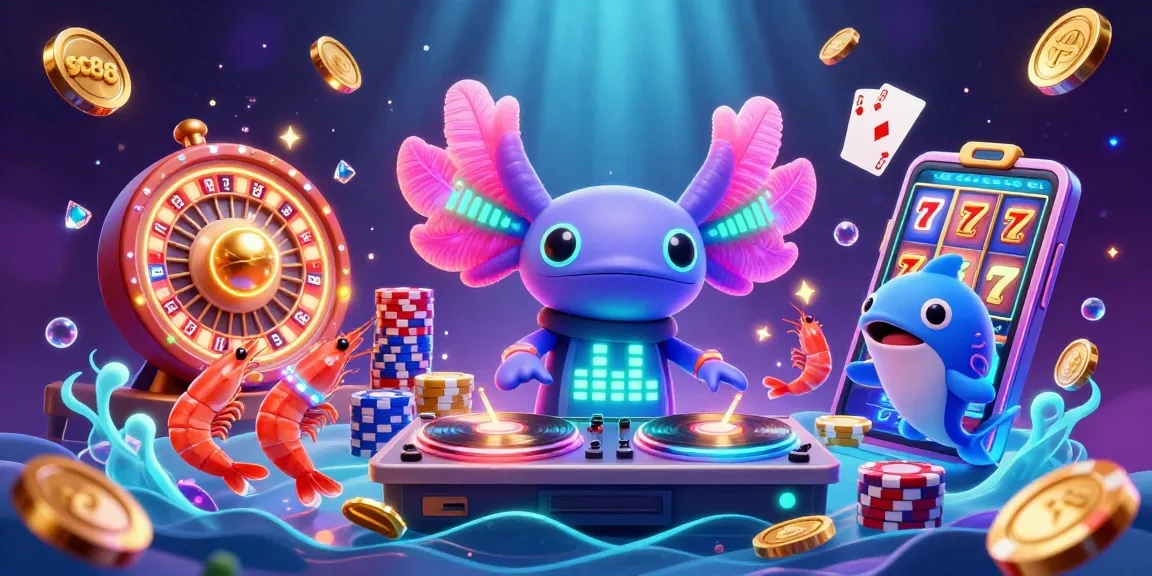 Join the action at sc88 with a vibrant 3D casino scene of lively characters and shimmering game elements.