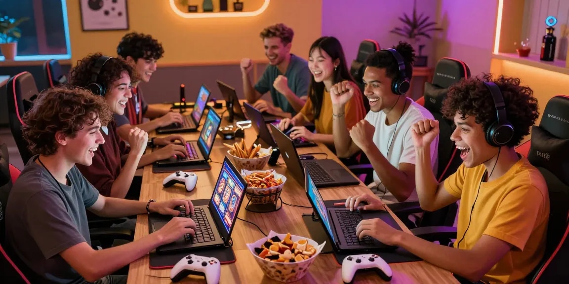Friends enjoying deposit tanpa minimal gaming experience together online, celebrating victories in a vibrant atmosphere.
