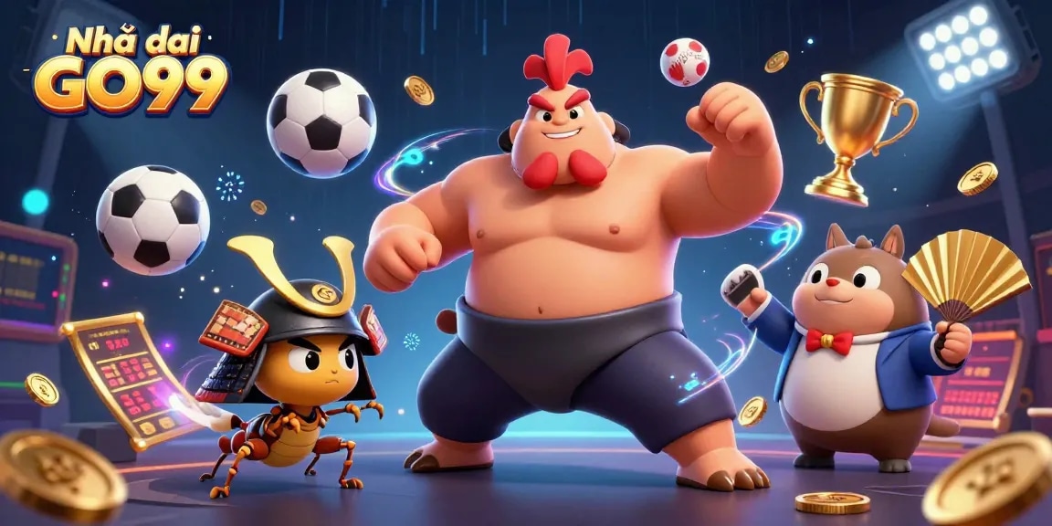 Engage with Nhà cái GO99's exciting gaming scene, showcasing 3D cartoon characters and dynamic elements.