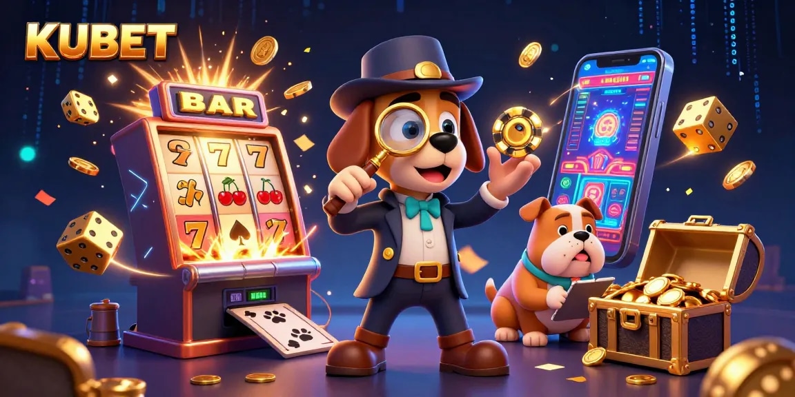 KUBET's dynamic casino scene showcases a cartoon detective and bulldog amidst slot machines and vibrant game elements.