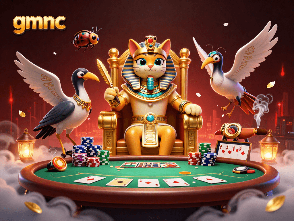 Win big with gmnc in a vibrant casino scene featuring an Egyptian pharaoh cat and poker elements.