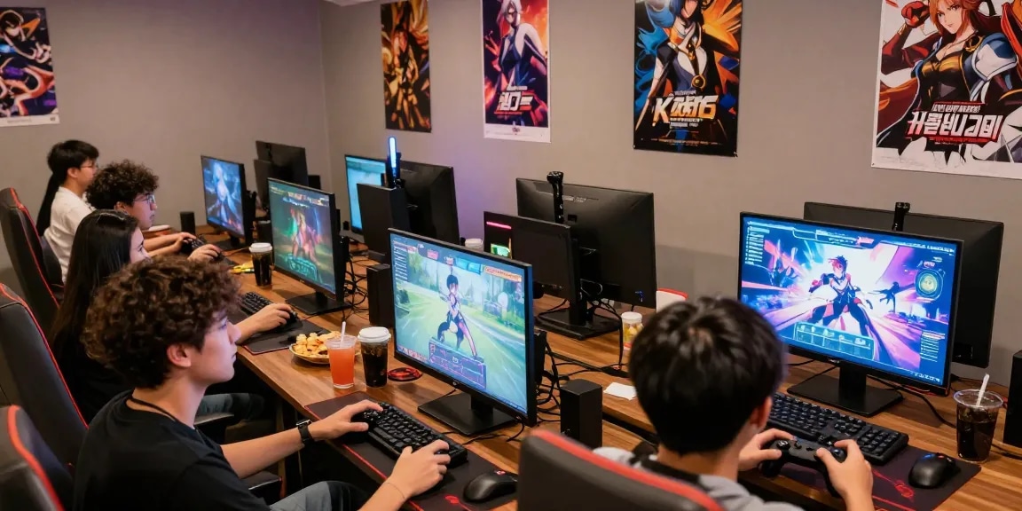 Group playing hentai games together in a vibrant gaming lounge