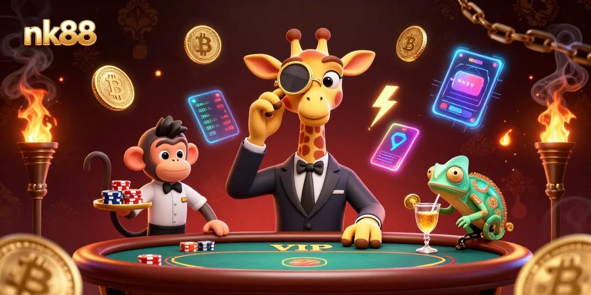 Bet on nk88 with a vibrant scene of a giraffe, monkey, and chameleon enjoying the casino.
