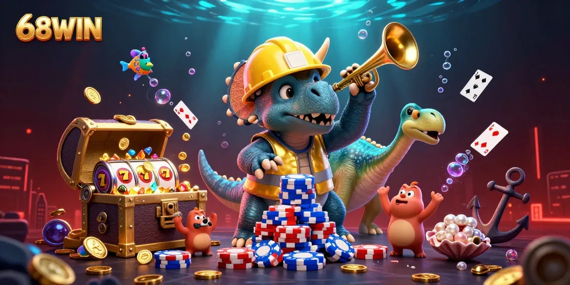 Experience the thrill of 68WIN with a vibrant 3D illustration of fun characters amidst casino elements.