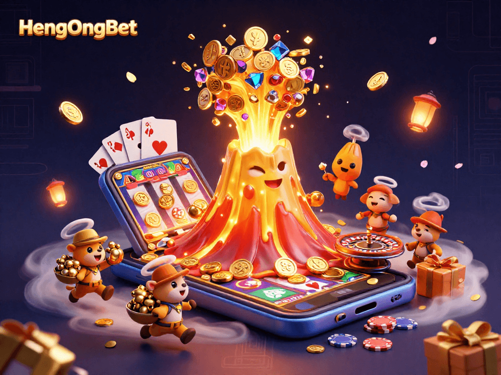 Engage with HengOngBet's thrilling casino experience featuring a golden volcano and vibrant treasures.