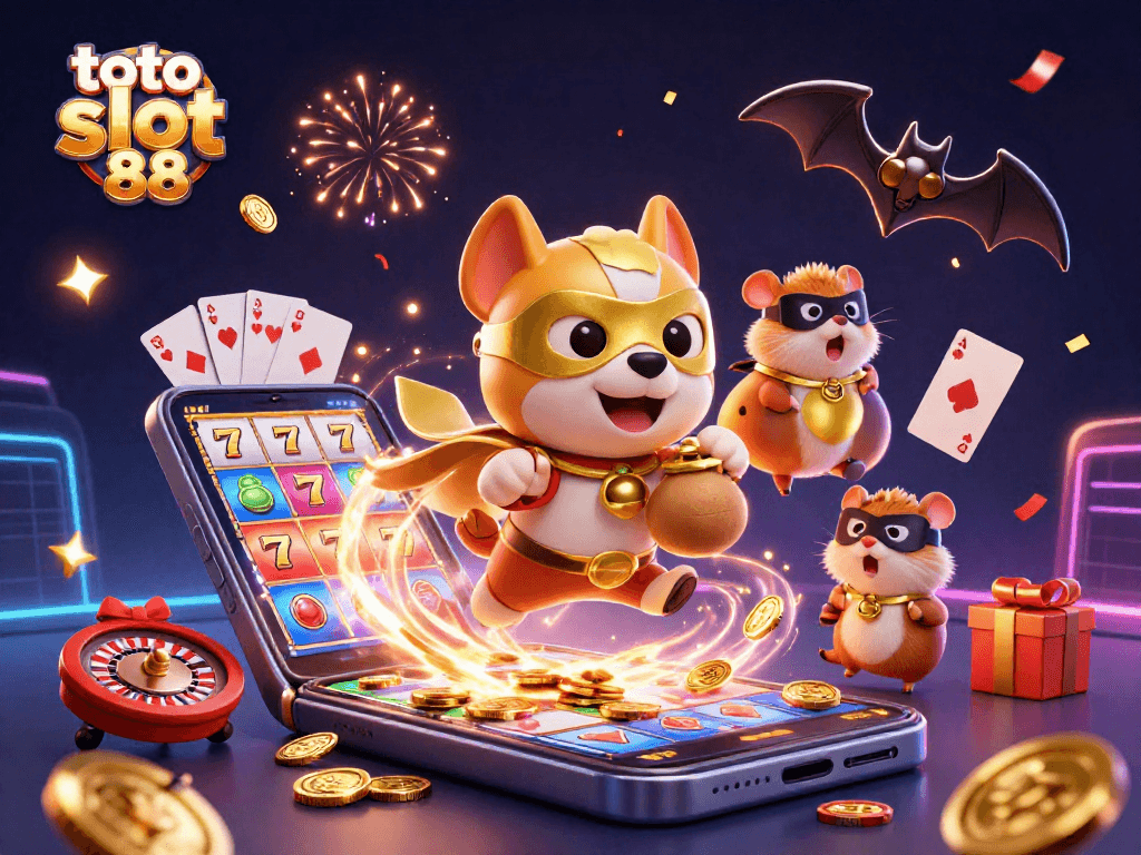 Engage with the colorful slot game experience at toto slot 88 as a superhero dog soars through a dynamic casino scene.