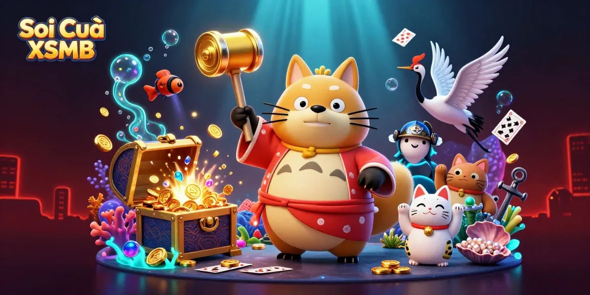 Soi Cầu XSMB symbolizing lucky predictions with raccoon and fortune cats, amidst vibrant 3D gambling elements.