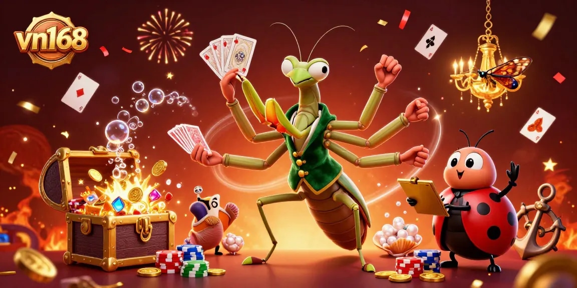 Experience thrilling gaming at vn168 with a festive gathering of cartoon characters celebrating casino winnings.