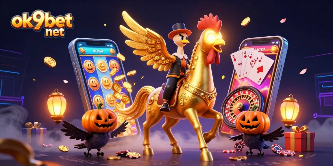 Engage with ok9bet net by winning exciting games in a vibrant casino environment featuring a unique golden rooster mascot.