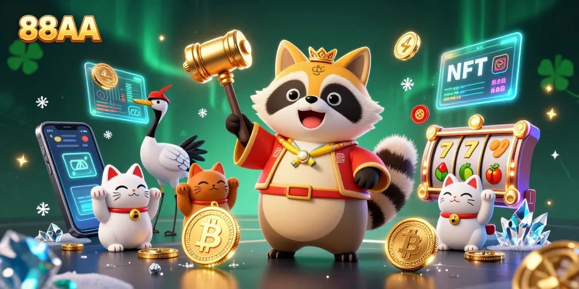 Play exciting casino games with 88AA's cheerful tanuki and lucky symbols in a vibrant illustration.