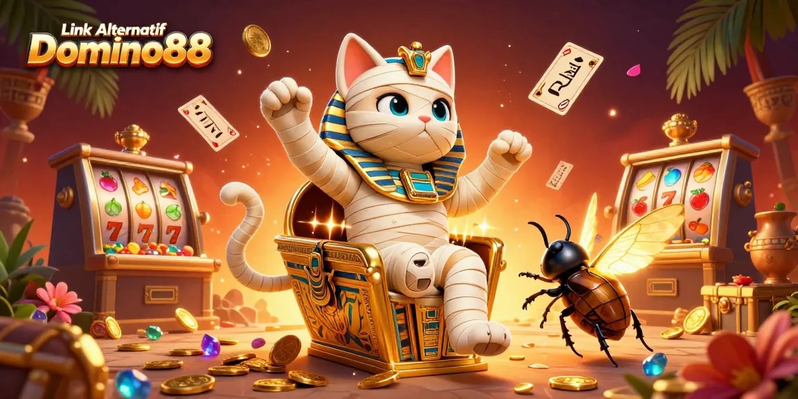 Engage with Link Alternatif Domino88 showcasing vibrant scenes of slots and 3D casino fun.