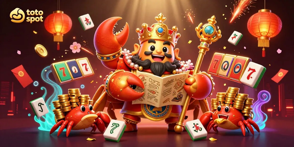 Spin the reels with the toto slot amidst a vibrant casino atmosphere, featuring a golden crab emperor.
