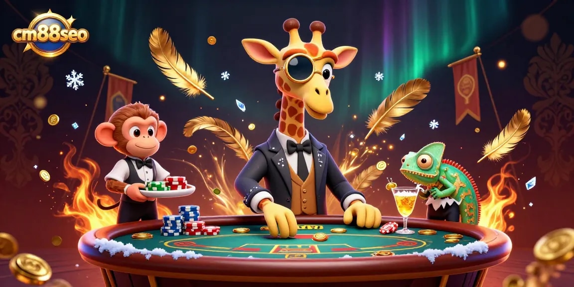 Experience the thrill of cm88seo with a giraffe and monkey at a vibrant poker table