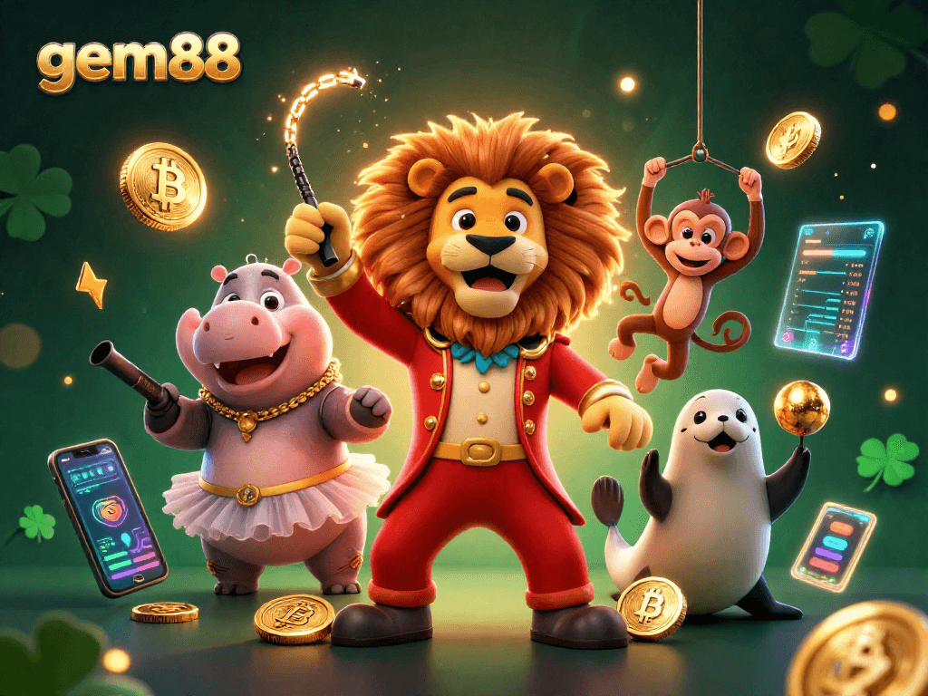 Experience the thrill of gem88 with lively casino characters amidst digital currency elements.