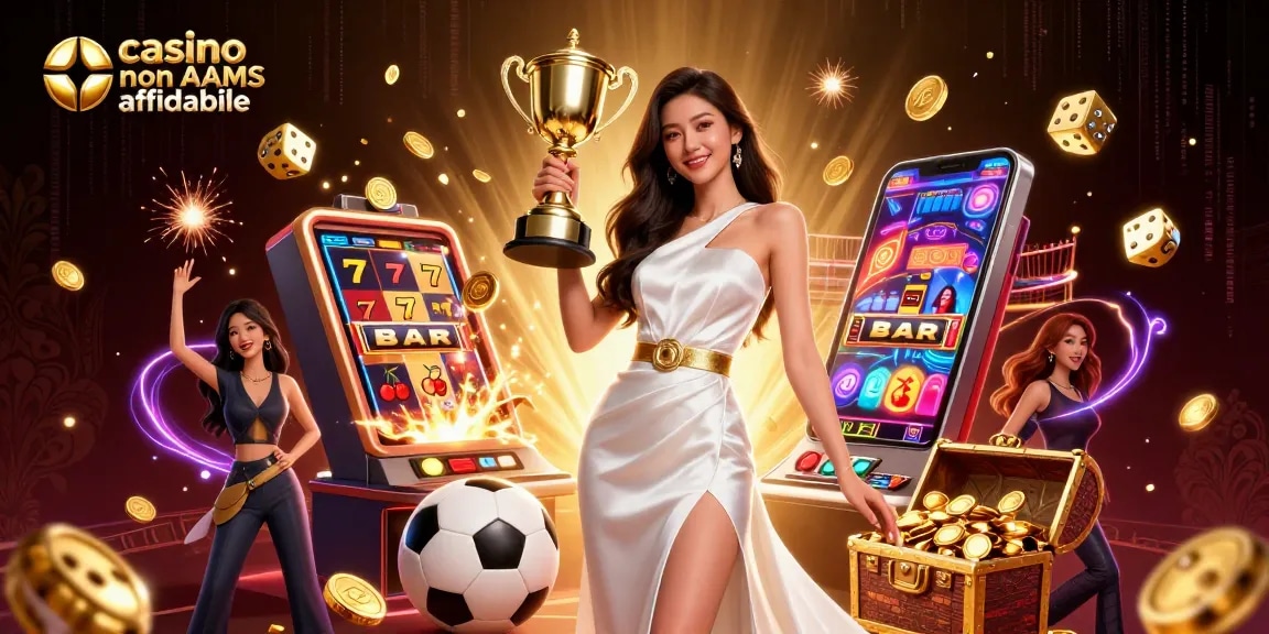 Illustrazione di un casino non AAMS affidabile che ritrae una donna vittoriosa con un trofeo tra elementi di gioco dinamici.