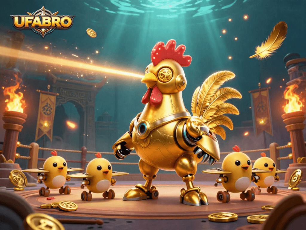 UFABRO players engage in dynamic action with the golden rooster robot amidst thrilling gaming elements.