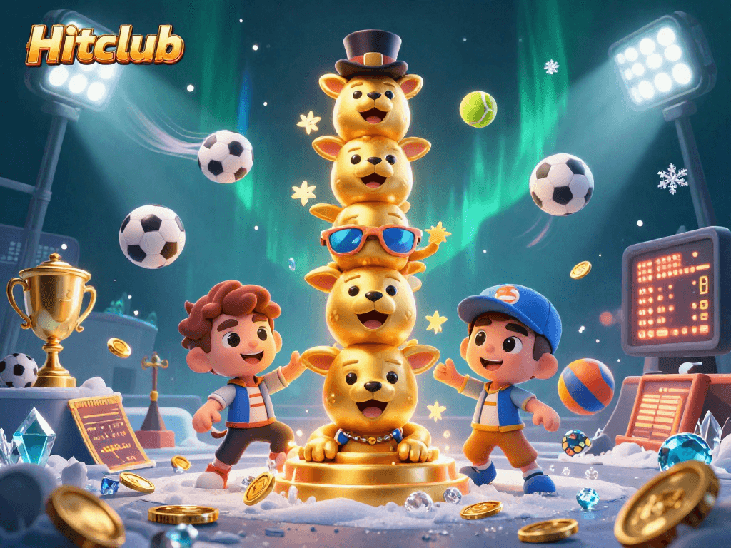 Hitclub showcases a dynamic 3D casino scene with sports elements and a golden totem pole.