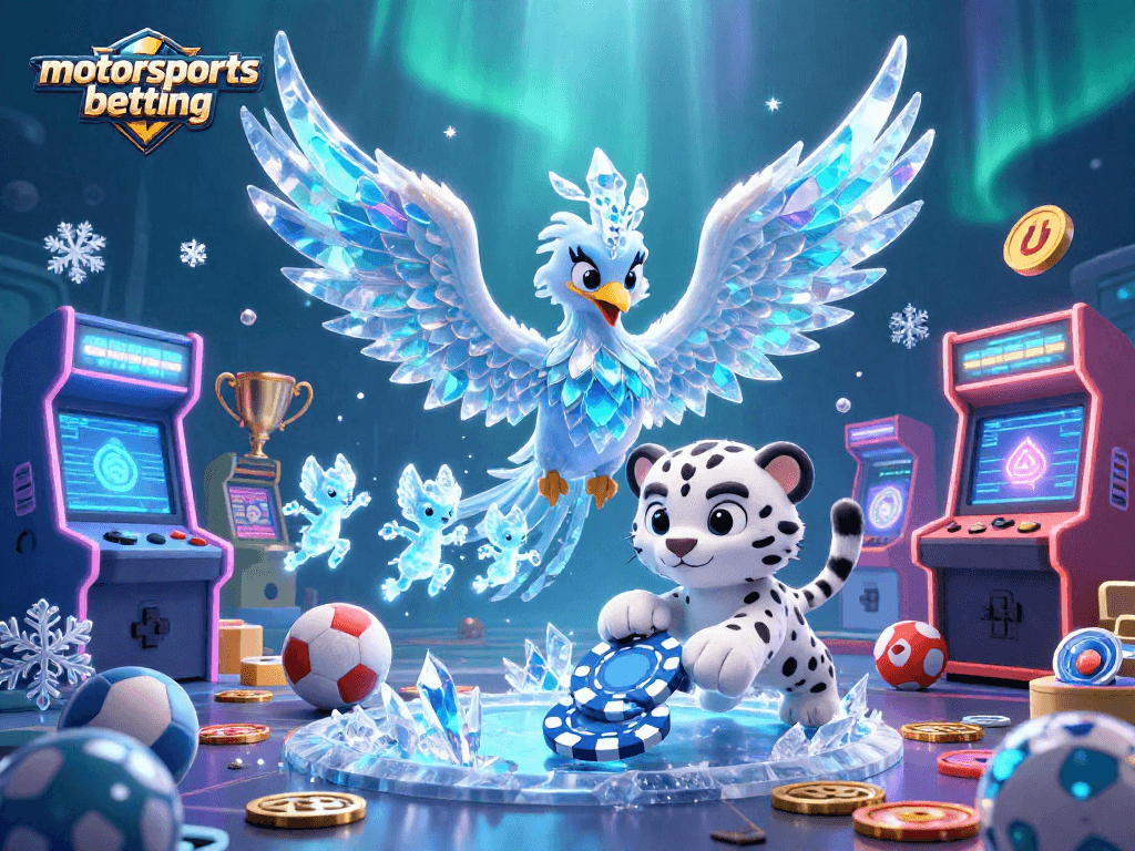 Experience thrilling motorsports betting with an icy phoenix and vibrant game elements.