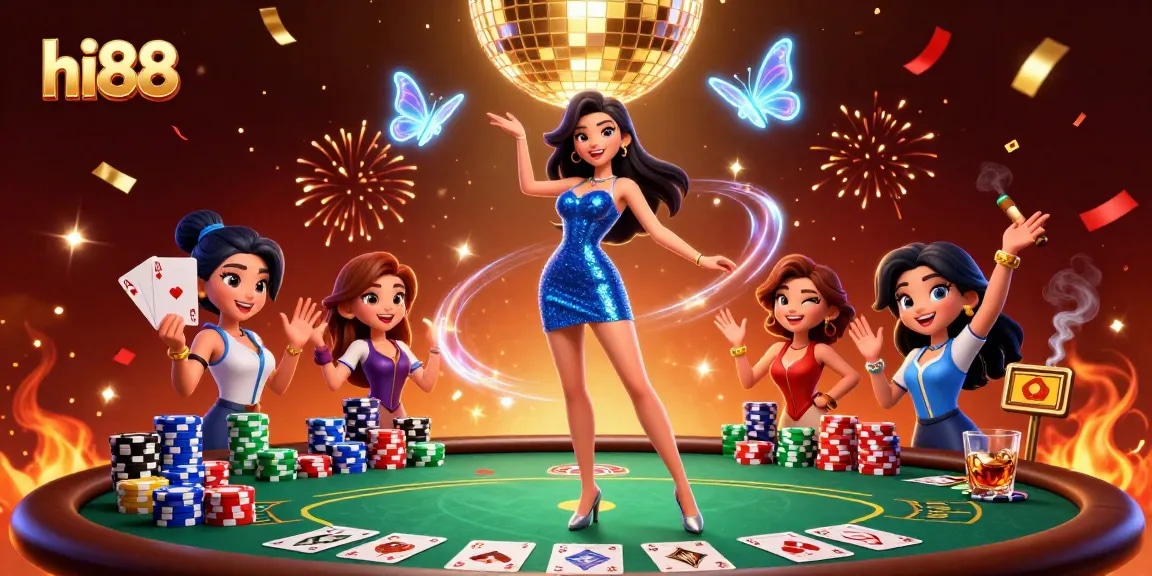 Experience thrilling games at hi88 with a glamorous casino scene featuring dynamic characters and vibrant energy.