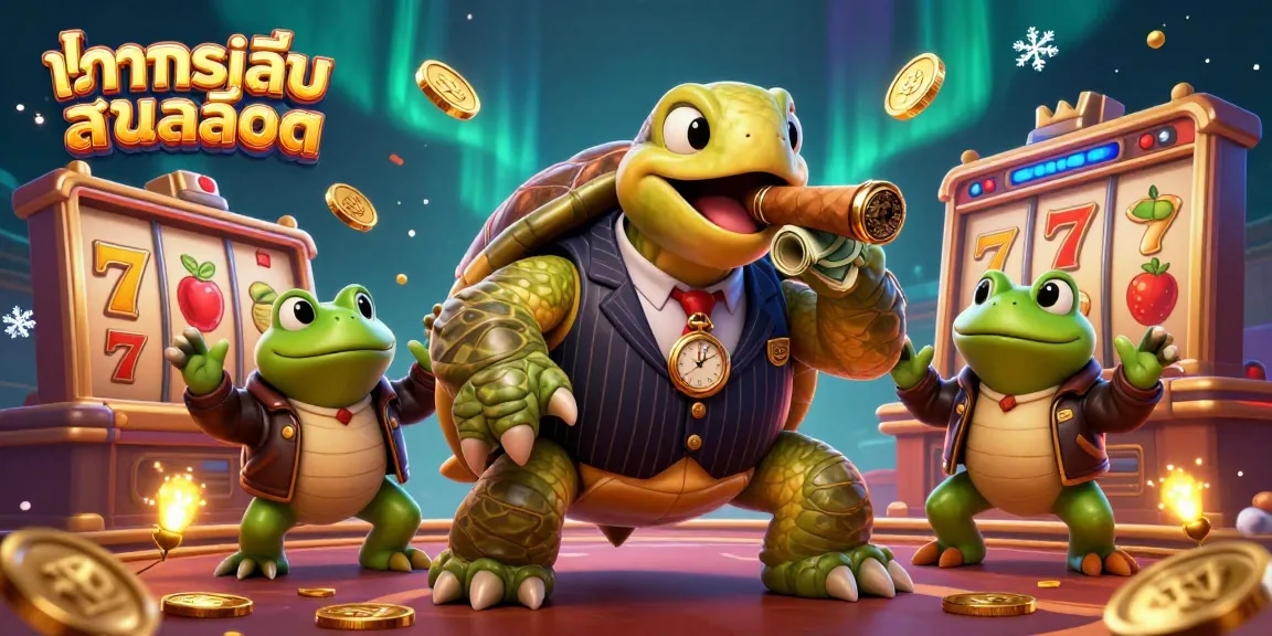 Engage in ทดลองเล่นสล็อต with our unique 3D cartoon scene of a snapping turtle mobster and slot elements.