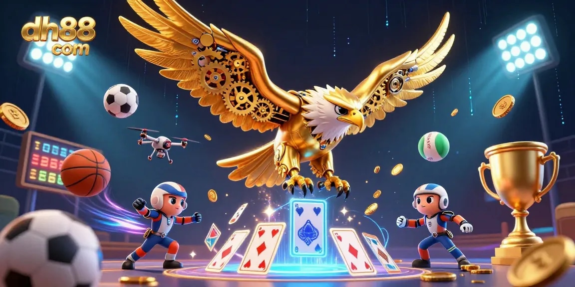 Engage with dh88 com as a cybernetic eagle dives through holographic cards in a vibrant casino scene.