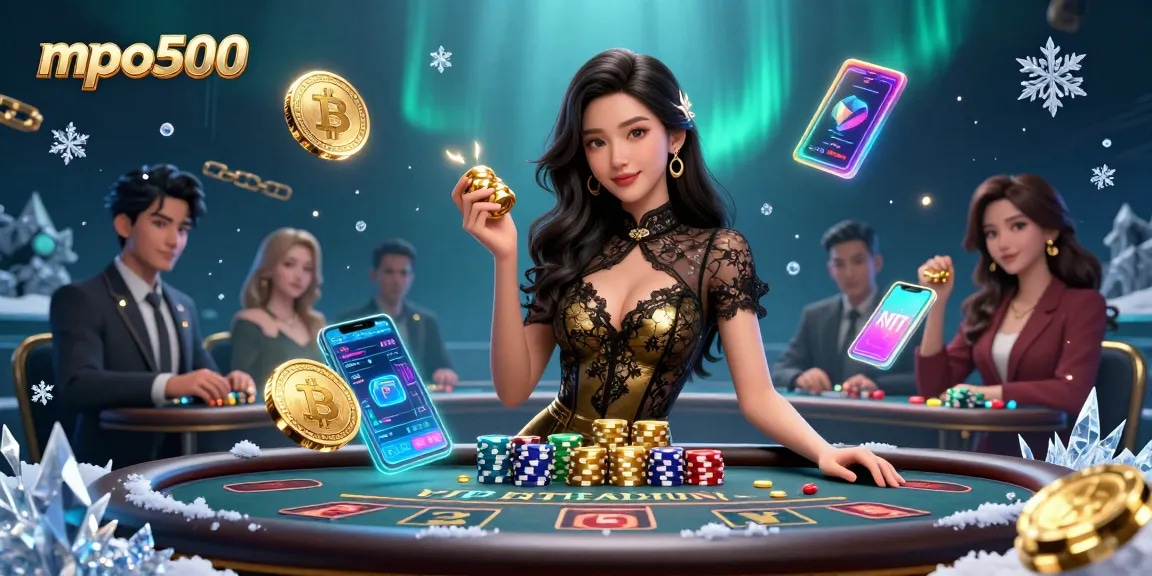 Experience gaming excitement with mpo500 at a vibrant VIP baccarat table, surrounded by high-value casino chips and crypto elements.
