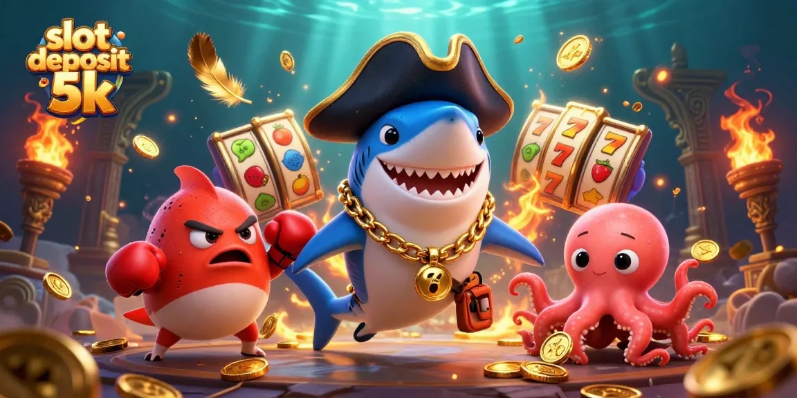 Engage with exciting slot deposit 5k gameplay, featuring a pirate shark, pufferfish, and octopus