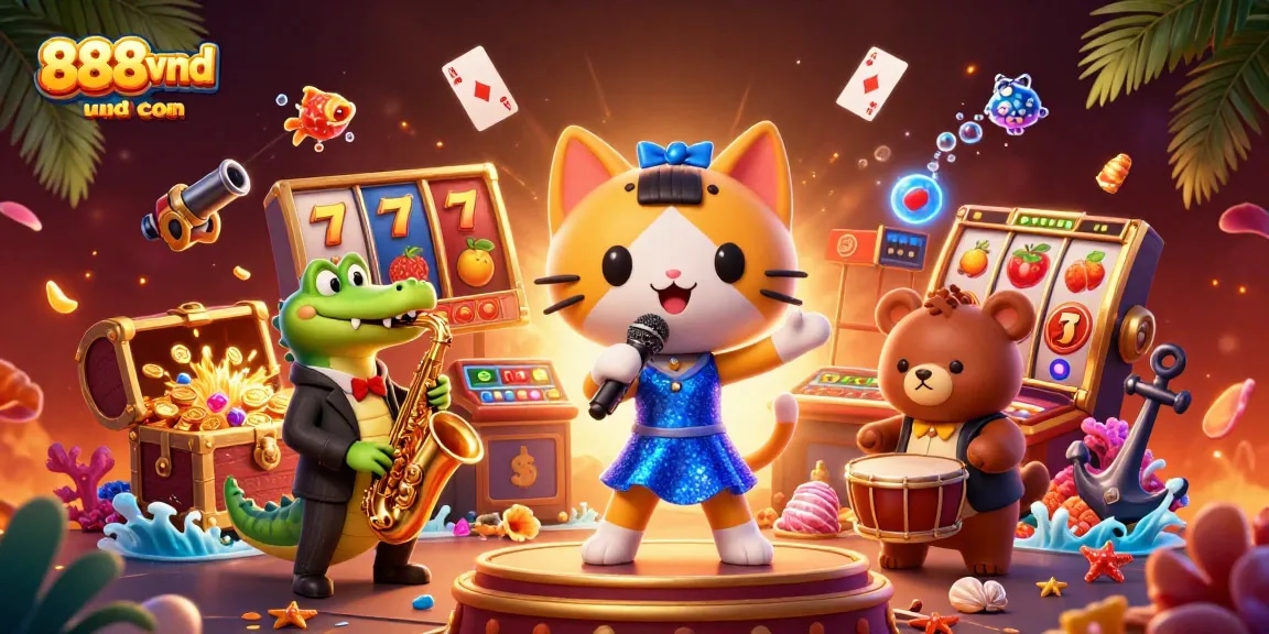 Slot games and vibrant characters feature prominently at 888vnd com casino stage, showcasing winning excitement.