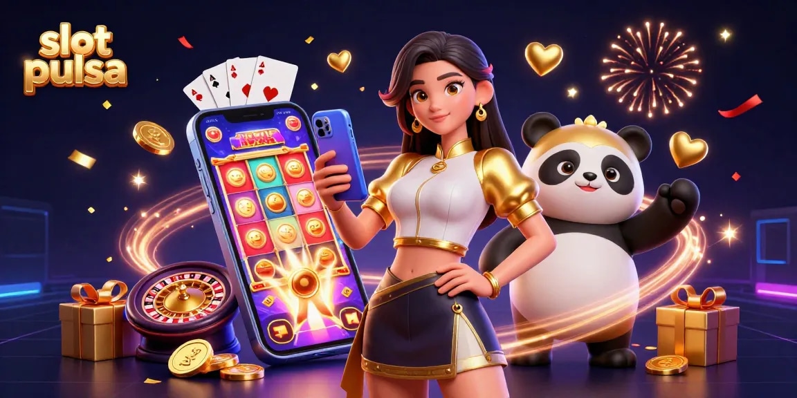 Engage in exciting slot pulsa gameplay with a vibrant 3D scene featuring a woman and a panda.