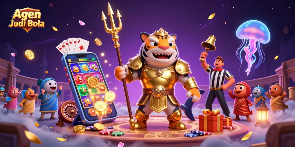 Agen Judi Bola brings excitement with a 3D scene featuring a ferocious shark in gladiator armor amidst action-packed casino elements.