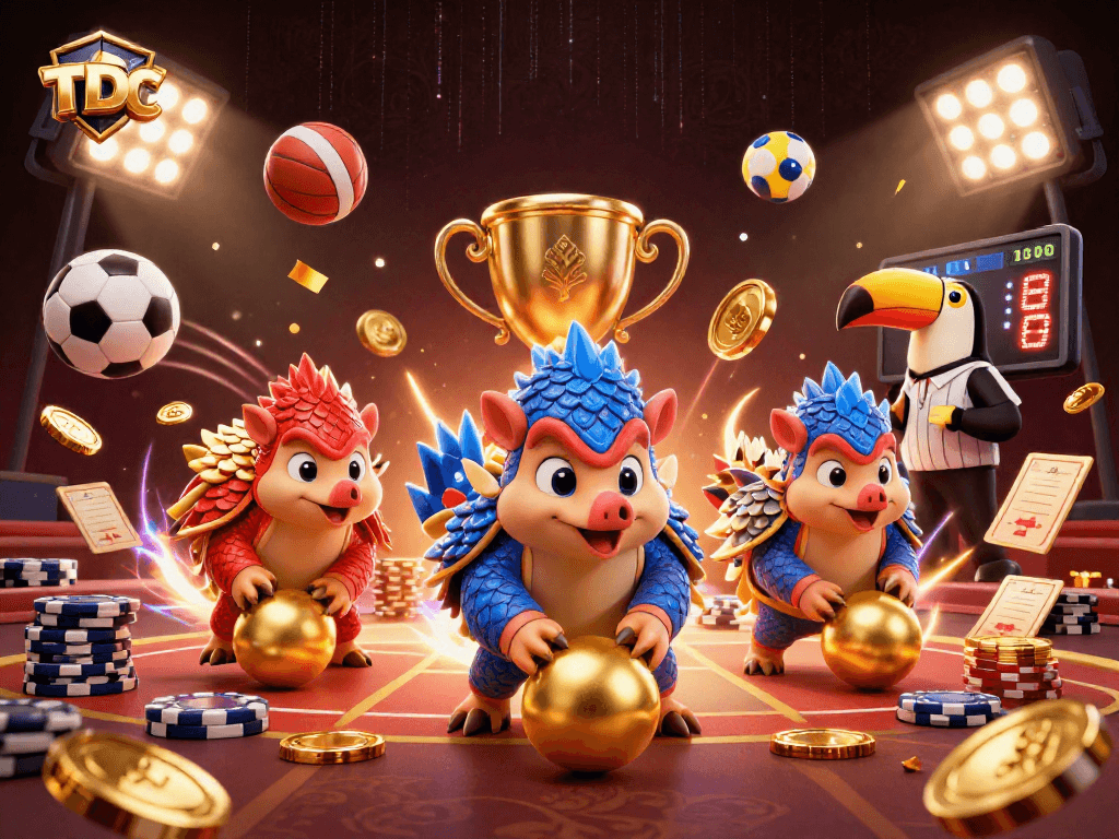 Engage with TDTC sports betting action featuring rival pangolins and vibrant casino elements.
