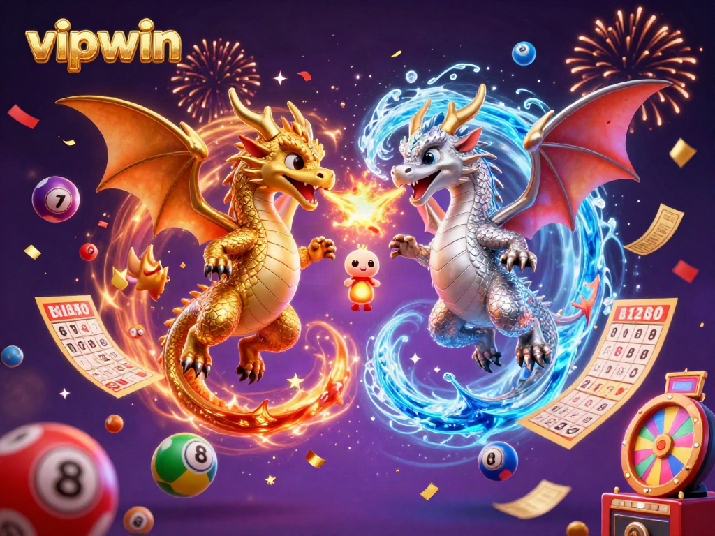 Experience the excitement of vipwin with twin dragons breathing fire and ice, amidst vibrant lottery elements.