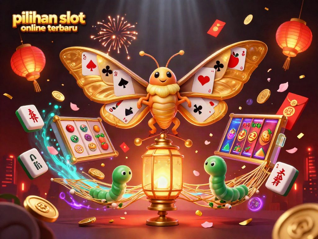 Gambarkan pilihan slot online terbaru dengan kepakan sayap kupu-kupu raksasa dan simbol keberuntungan di kasino.