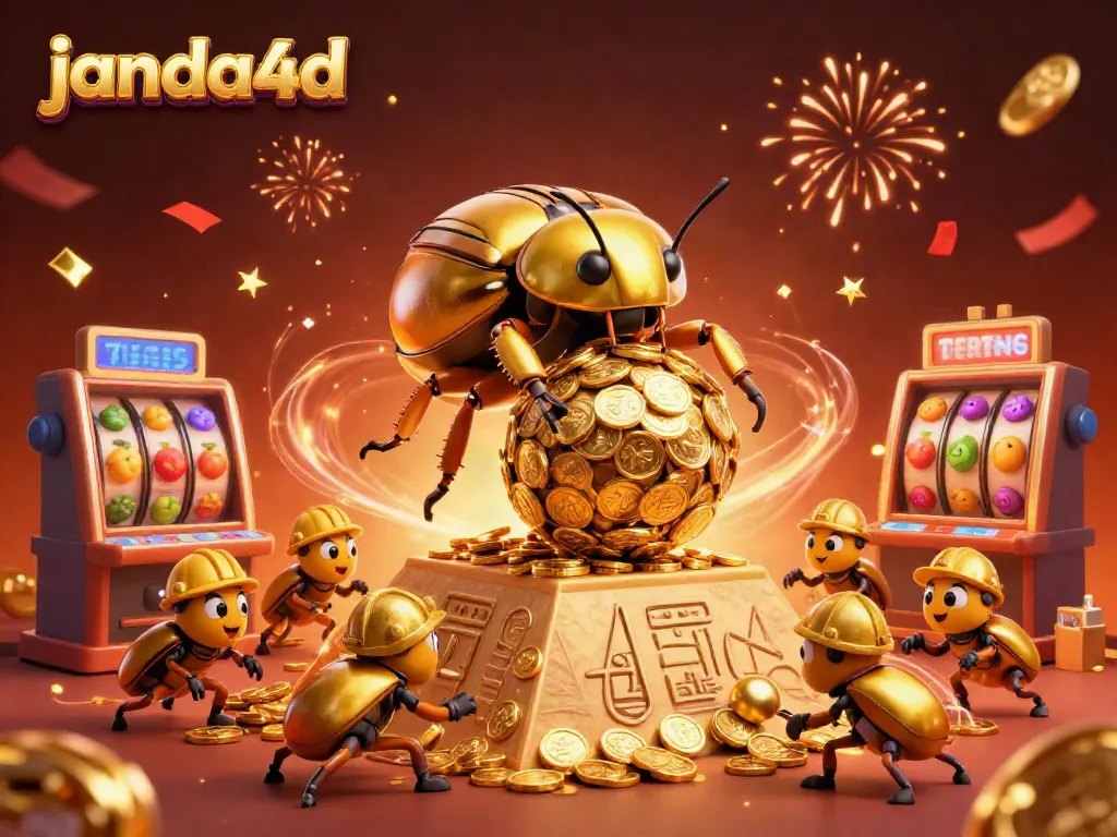 Permainan slot janda4d menampilkan kumbang emas raksasa dan simbol kasino dalam suasana meriah.