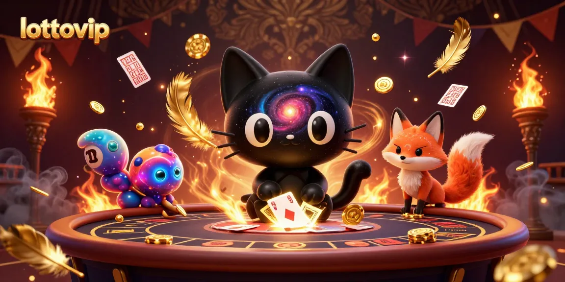 LOTTOVIP menampilkan kucing lubang hitam 3D yang menarik chip emas dan kartu lotere dengan gravitasi, di tengah suasana kasino berwarna-warni.