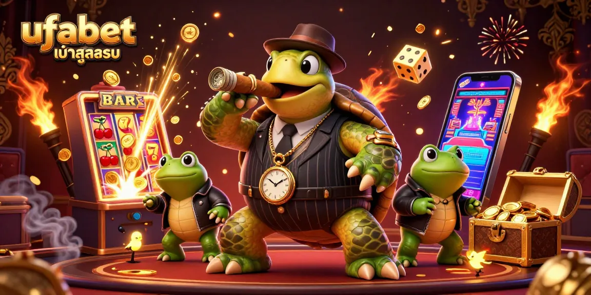 Experience ufabet เข้าสู่ระบบ with a 3D turtle mobster and casino excitement in a vibrant setting.