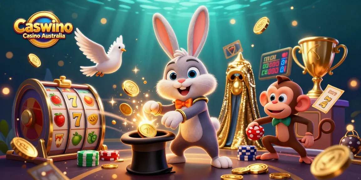 Engage in thrilling play at Caswino Casino Australia with vibrant 3D scenes featuring a magician rabbit and dynamic slot game elements.
