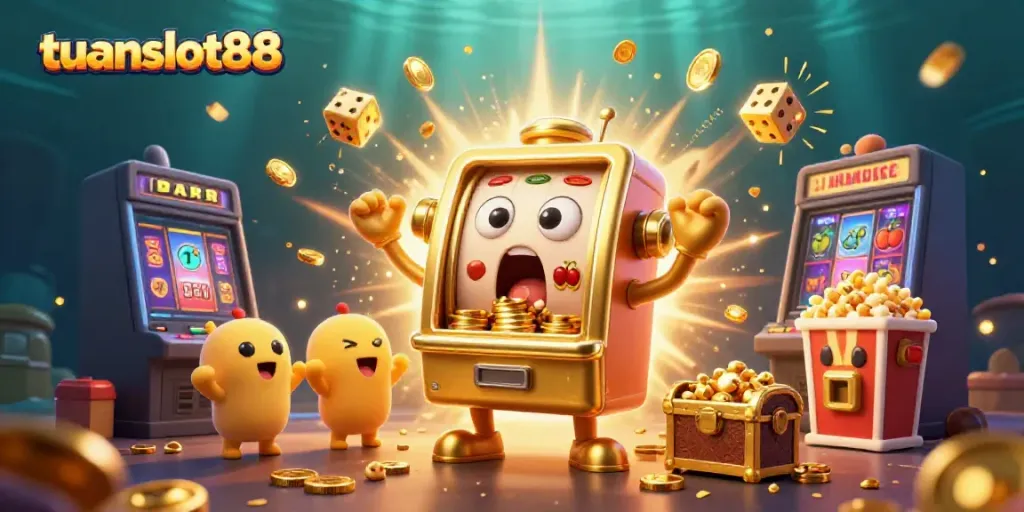 Mesin slot tuanslot88 yang tercengang saat jackpot terjadi, dikelilingi koin dan elemen kasino lainnya.