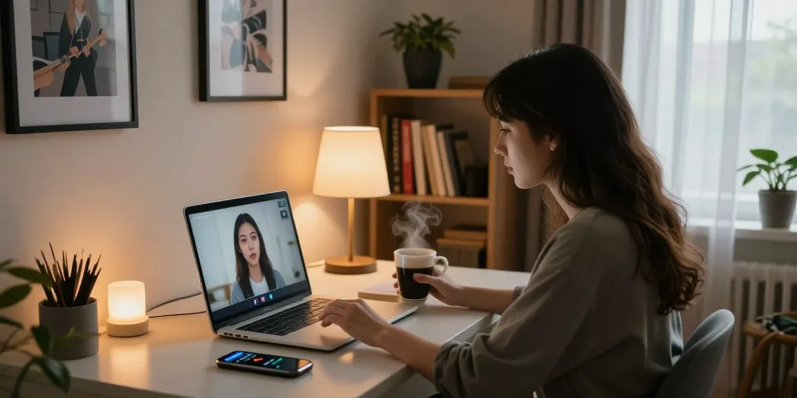 Person chatting with NSFW AI girlfriend in a cozy home office setting, highlighting modern companionship and technology.