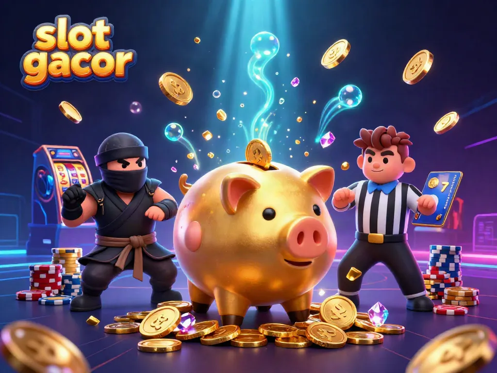 Angka slot gacor dengan piggy bank emas dan ninja kartu, penuh koin.
