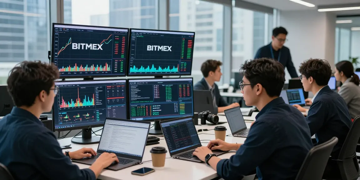 Торговля на битмекс биржа в современном офисе с активными трейдерами.